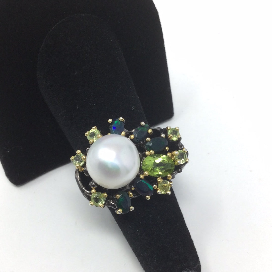 Intriguing Genuine Pearl, Black Opal Ring