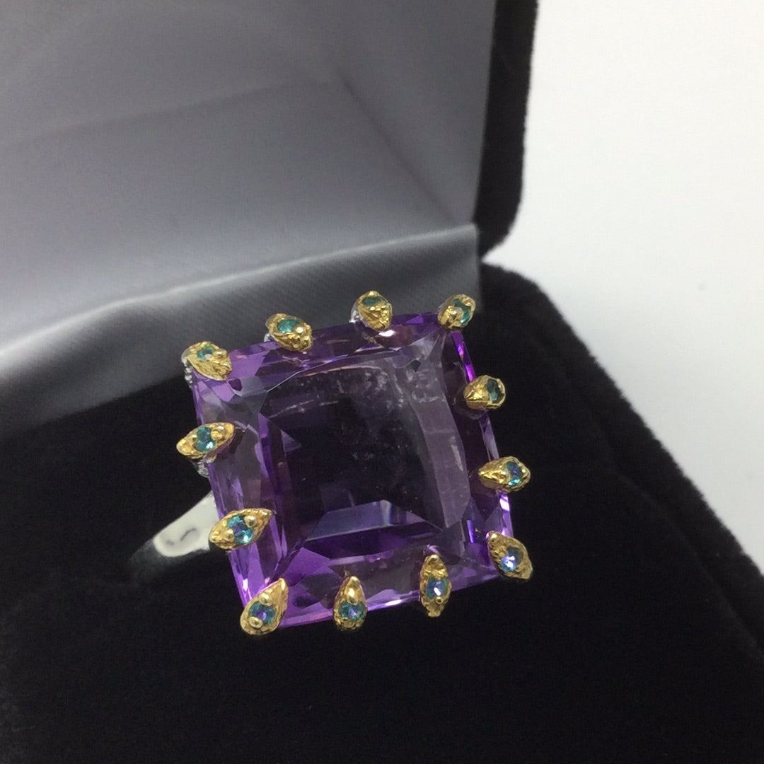 Square Faceted Cut Genuine Amethyst Ring