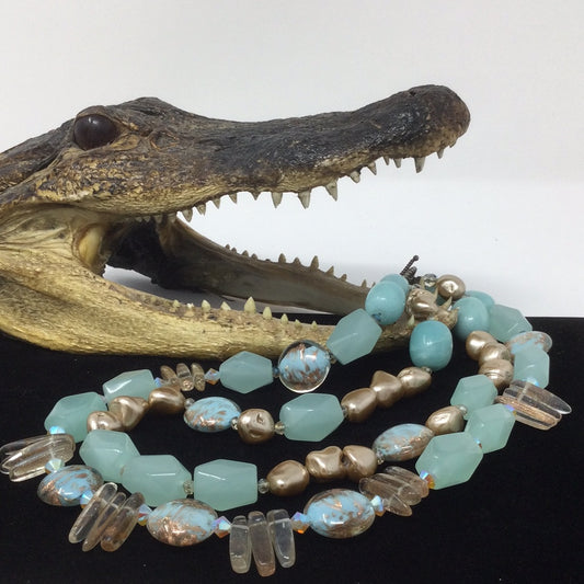 Genuine Amazonite, Chalcedony & Pearls Necklace Artist Original