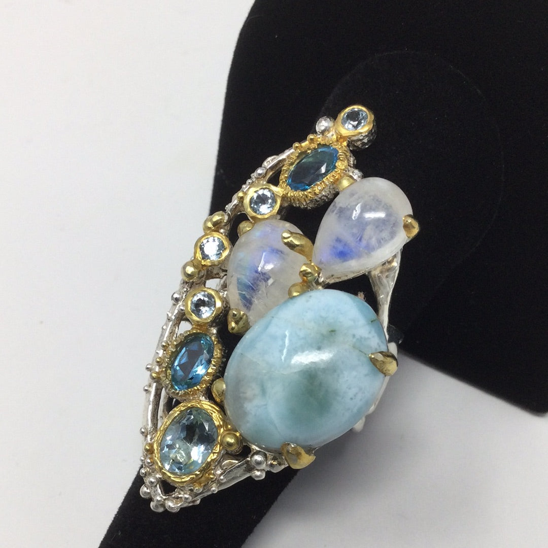 Genuine Larimar, Moonstones & Topaz Ring