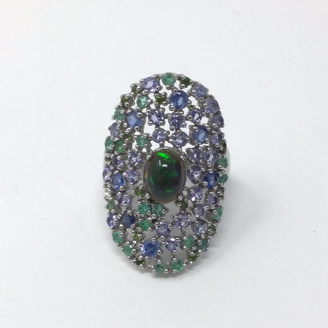 Rare Genuine Black Opal, Tanzanite & Emerald   Ring